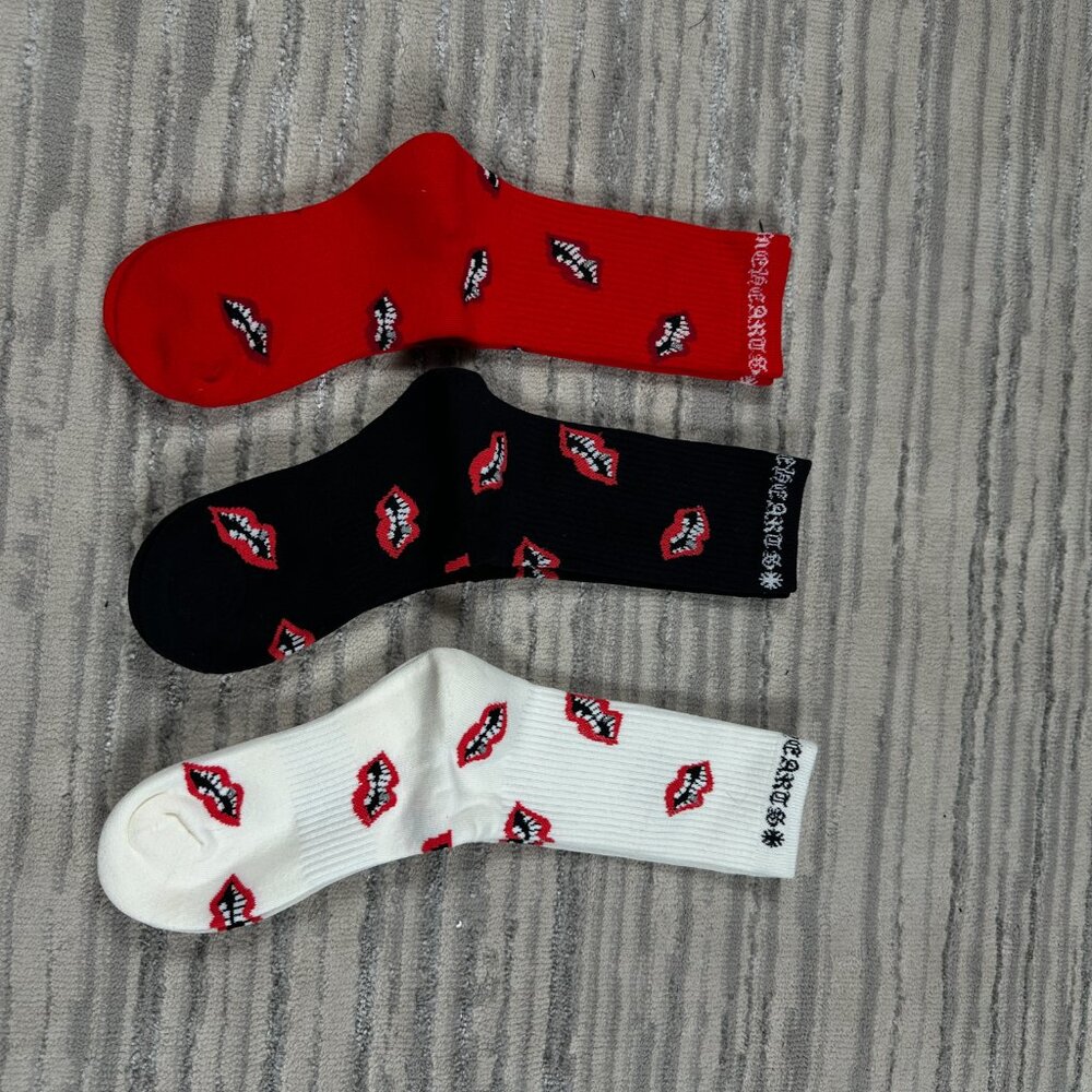 Chrome Hearts Chomper Socks 3 Pack Red White Black - Picture 4 of 4